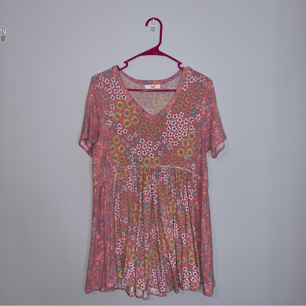 Easel Floral V-Neck Blouse - Pink and Yellow Small